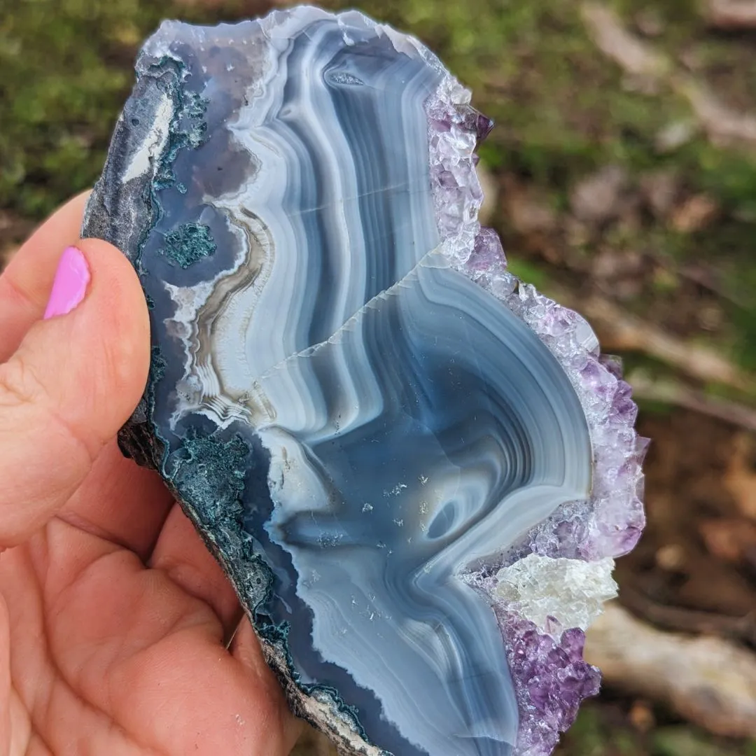 Amethyst Cluster Slice with Agate Banding, Includes Calcite ~ Dazzling Energies for Opening your Third Eye