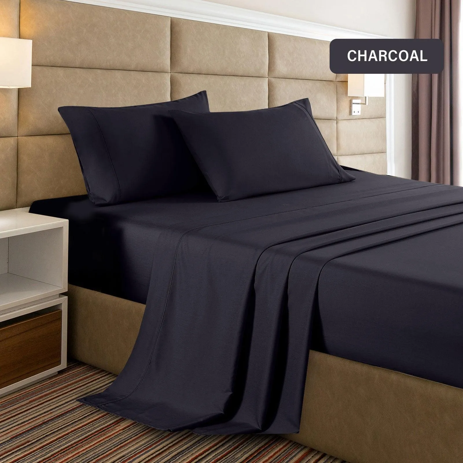 Casa Decor 2000 Thread Count Bamboo Cooling Sheet Set Ultra Soft Bedding - Double - Charcoal