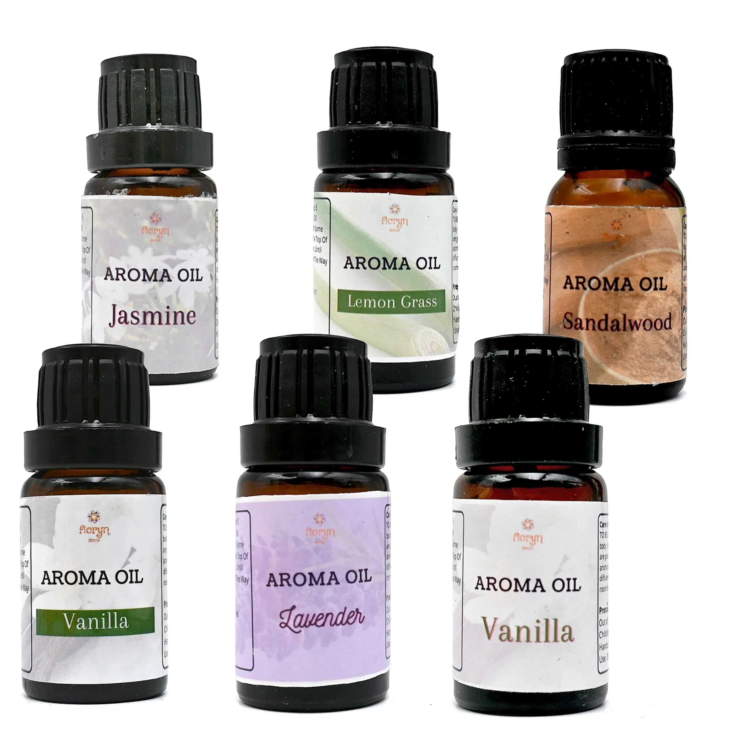 Floryn Decor Aroma Oil For Home Fragrance | Fragrance Aroma Oil, Diffuser Oil, Reed Diffuser Oil Refill (Lavender, Lemongrass, Rose, Jasmine, Sandalwood And Vanilla) - Set Of 6 (10 Ml)