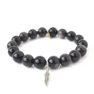 Obsidian Crystal Bracelet | Sterling Silver Feather