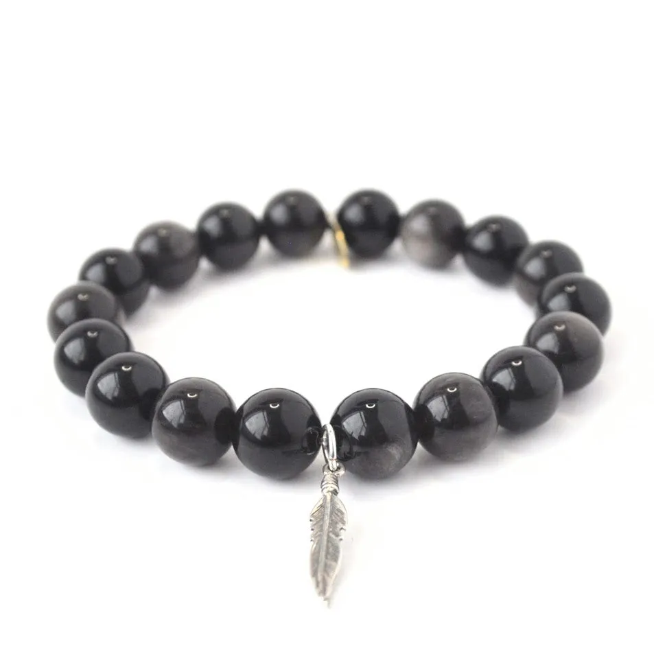 Obsidian Crystal Bracelet | Sterling Silver Feather