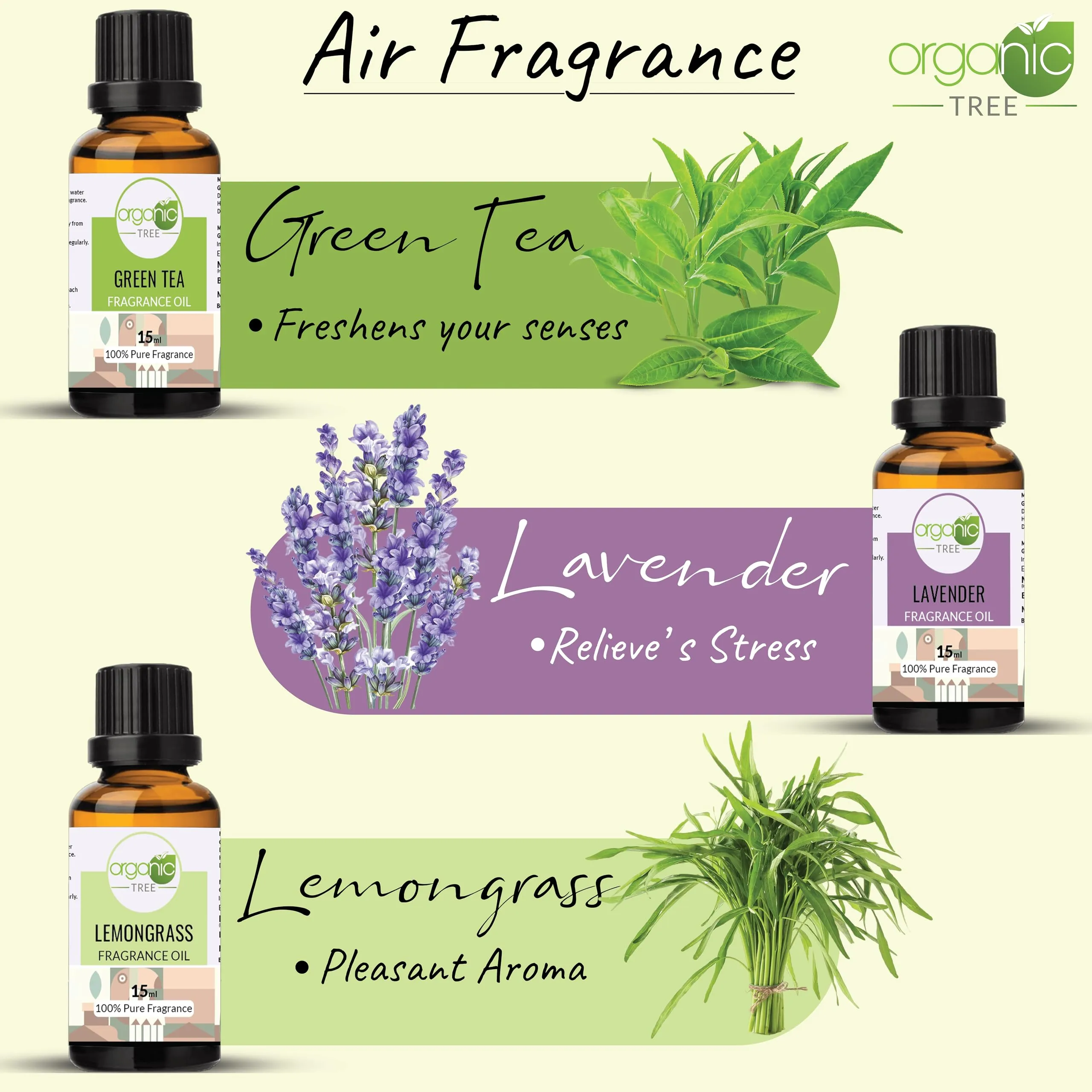 Organic Tree Aroma Diffuser Oil Set | Lemongrass, Lavender, Mogra, Rose, Sandalwood, Green Tea | Diffuser Refil Oil For Fragrance - Home, Office, Washroom & Aromatherapy (15ml Each) Pack of 6