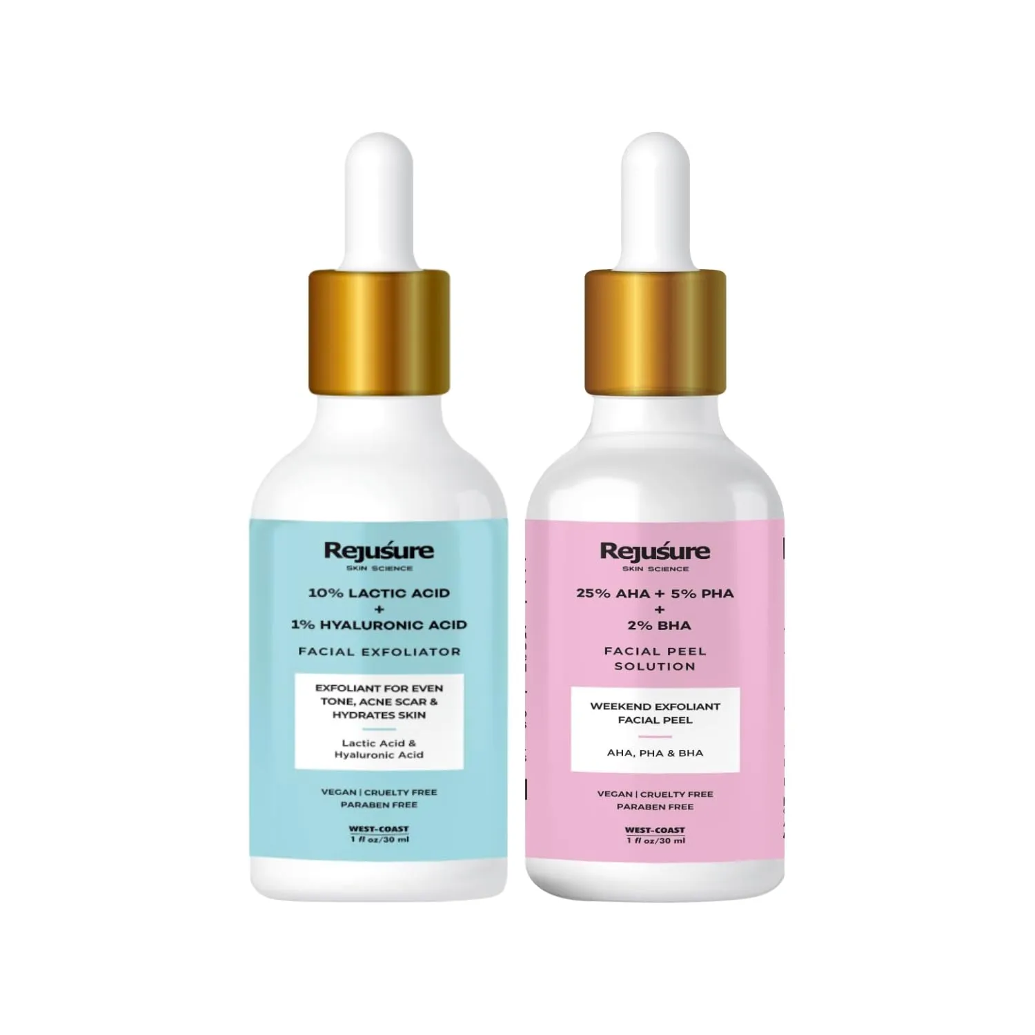 Rejusure AHA 25%   PHA 5%   BHA 2% Facial Peeling Solution (30ml) & Lactic Acid 10%   Hyaluronic Acid 1% Facial Exfoliator (30ml) - Powerful Skincare Duo for Smooth and Radiant Skin