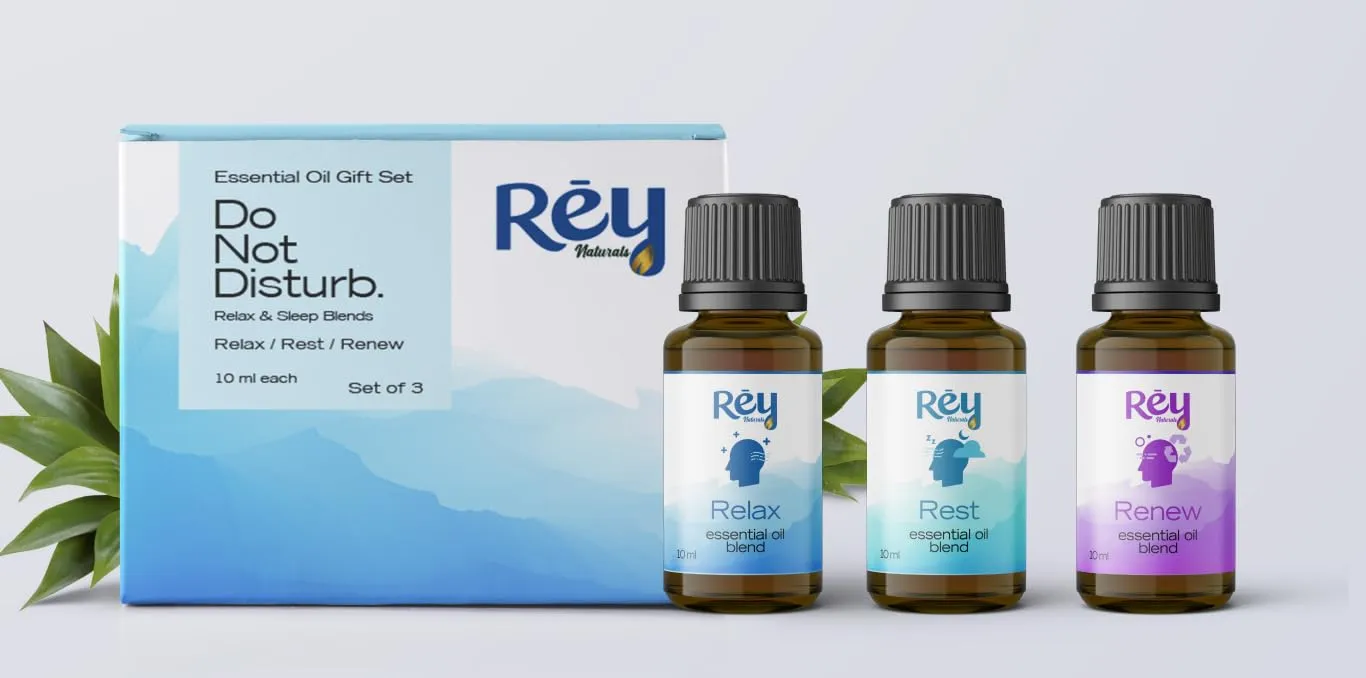 Rey Naturals 100% Natural Aroma Diffuser Essential Oil Set - Rest Focus Inspire - 3 Aromatherapy Blends for Home Fragrance | Stress relief and Headache relief (Ylang Ylang, Rose & Jasmine)