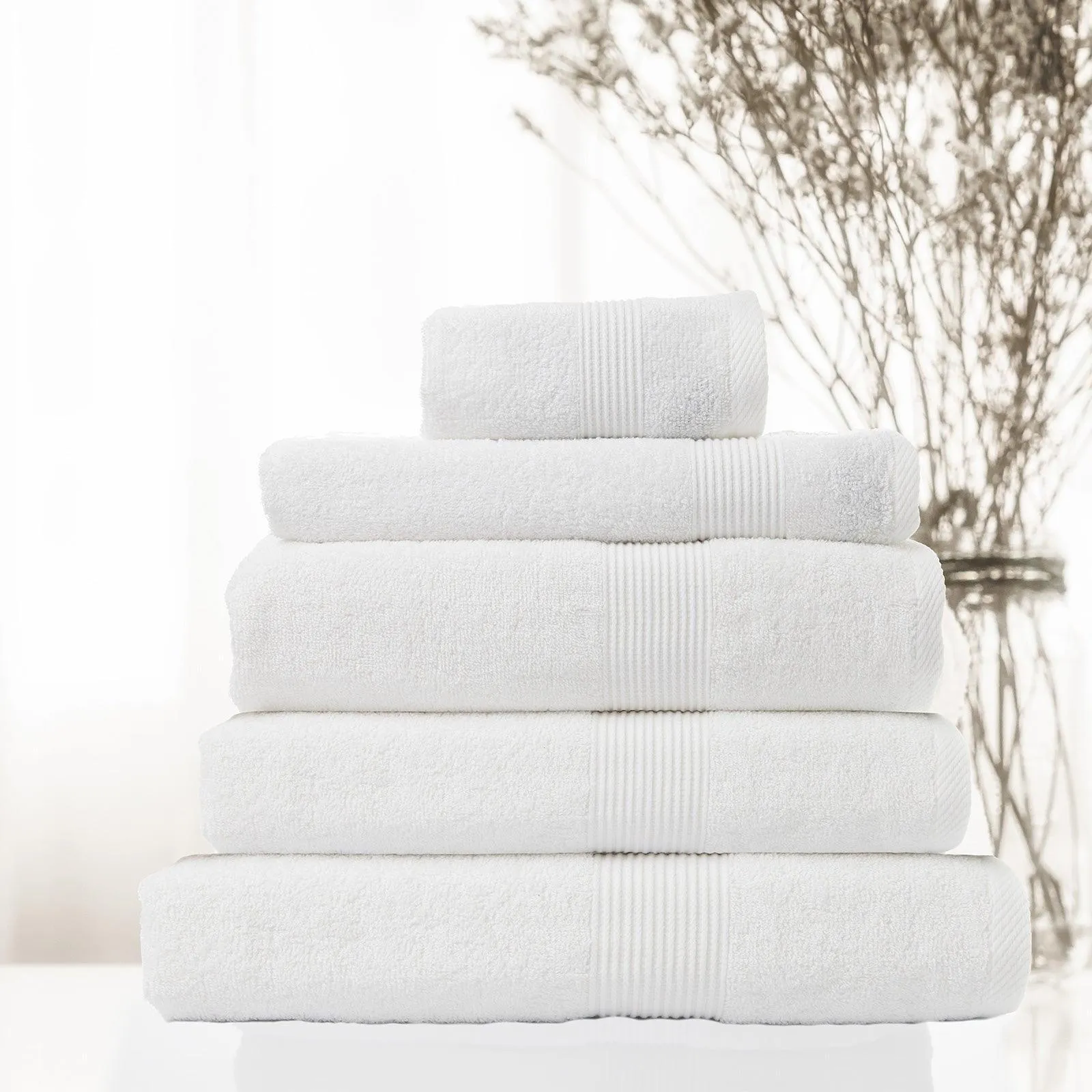 Royal Comfort 5 Piece Cotton Bamboo Towel Set 450GSM Luxurious Absorbent Plush - White