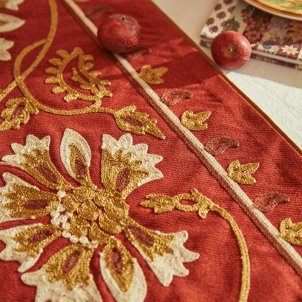 Scarlet Red Flower Embroidery Custom Table Runner