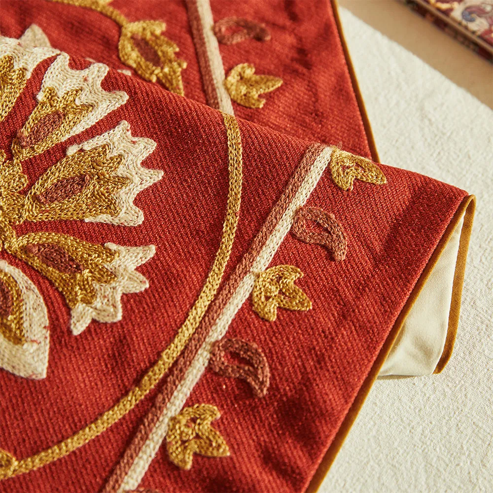 Scarlet Red Flower Embroidery Custom Table Runner