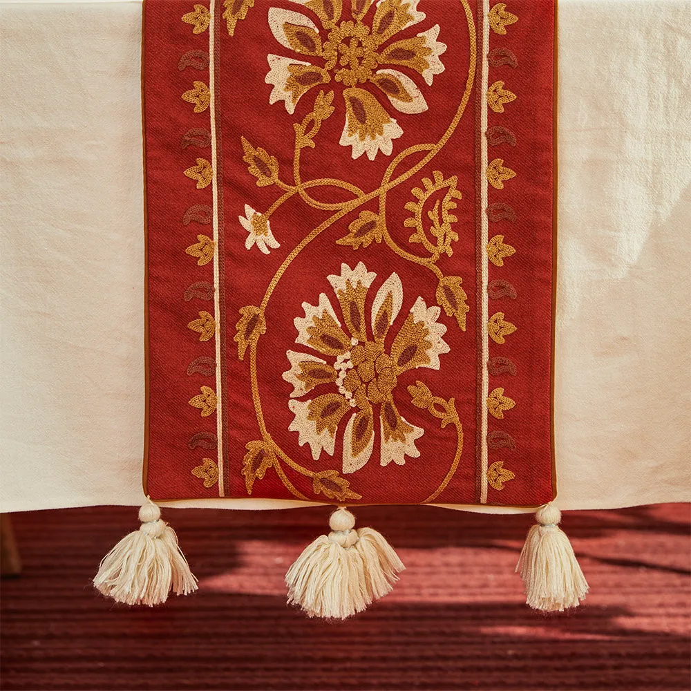 Scarlet Red Flower Embroidery Custom Table Runner