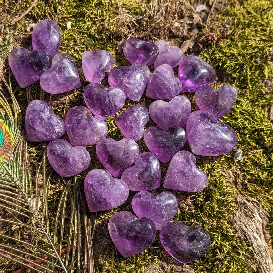 Set of Three Small Crystal Amethyst Heart Carvings with Soothing and Loving Vibrations